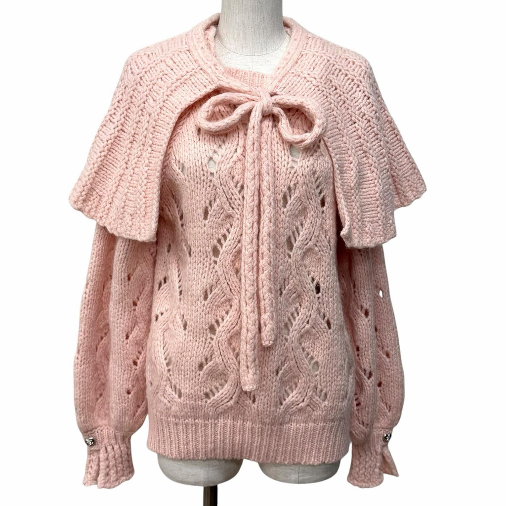CHANEL 21B Wool Alpaca Blend Crochet Knit with Detachable Cape Rhinestone CC Logo Pink Size 40
