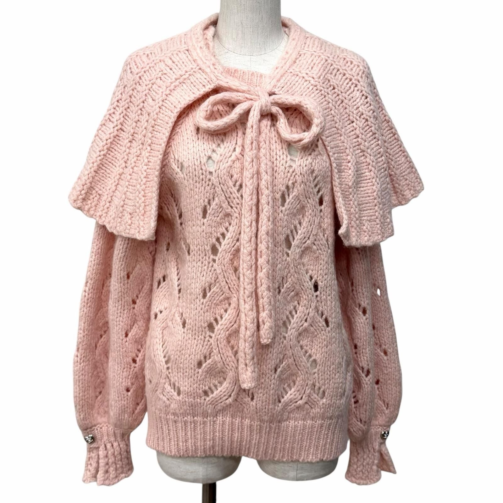 CHANEL 21B Wool Alpaca Blend Crochet Knit with Detachable Cape Rhinestone CC Logo Pink Size 40