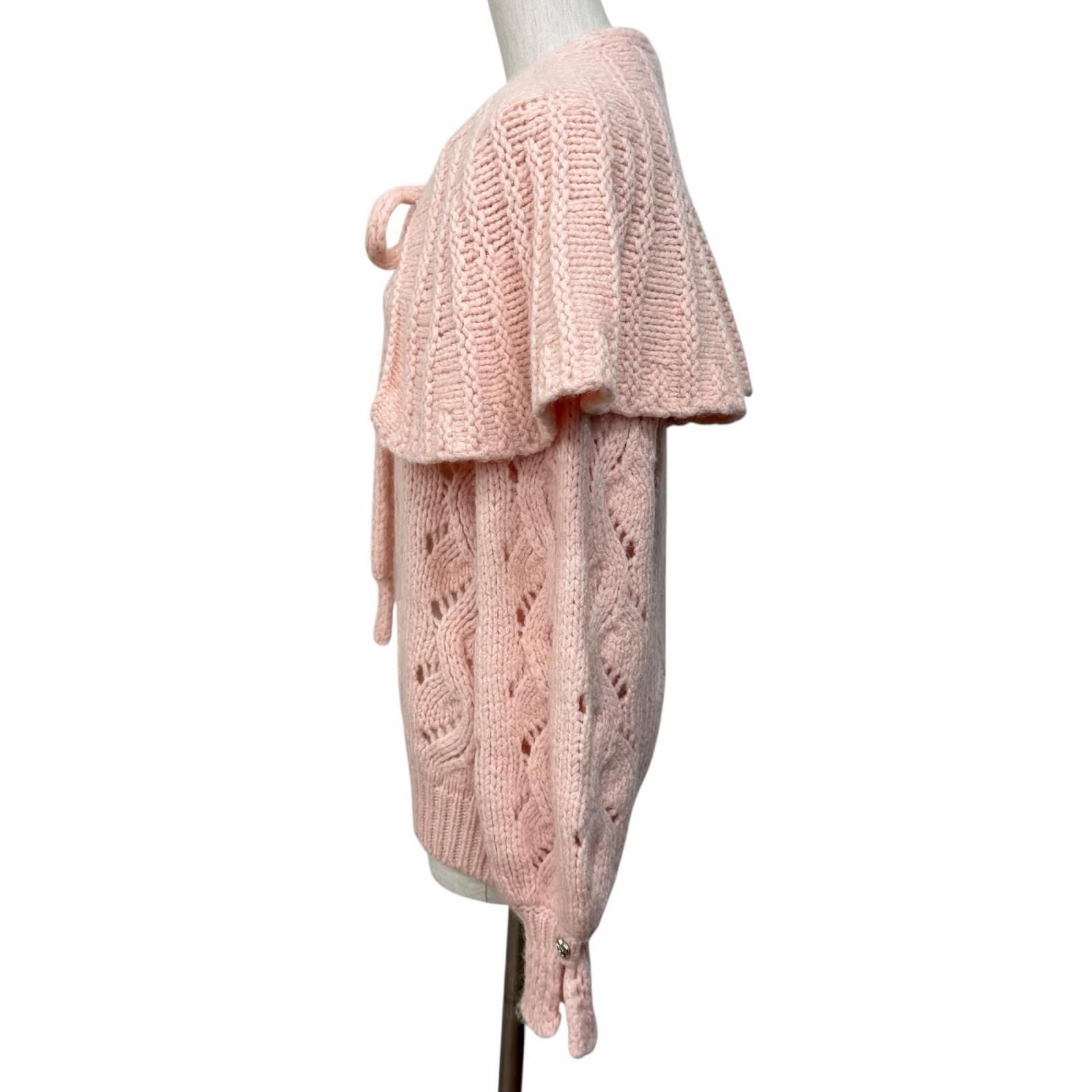 CHANEL 21B Wool Alpaca Blend Crochet Knit with Detachable Cape Rhinestone CC Logo Pink Size 40