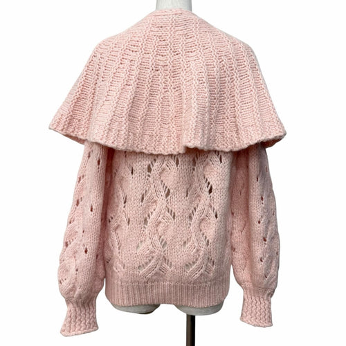 CHANEL 21B Wool Alpaca Blend Crochet Knit with Detachable Cape Rhinestone CC Logo Pink Size 40