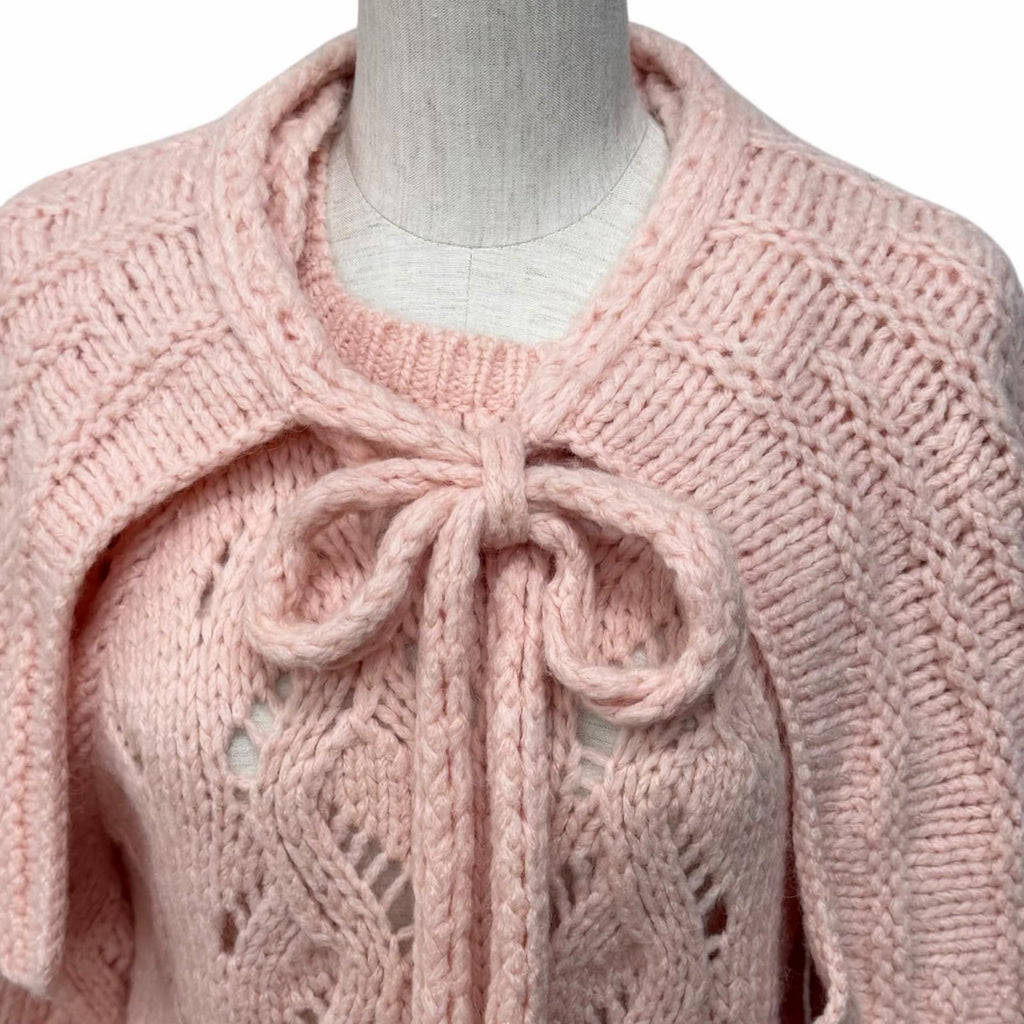 CHANEL 21B Wool Alpaca Blend Crochet Knit with Detachable Cape Rhinestone CC Logo Pink Size 40