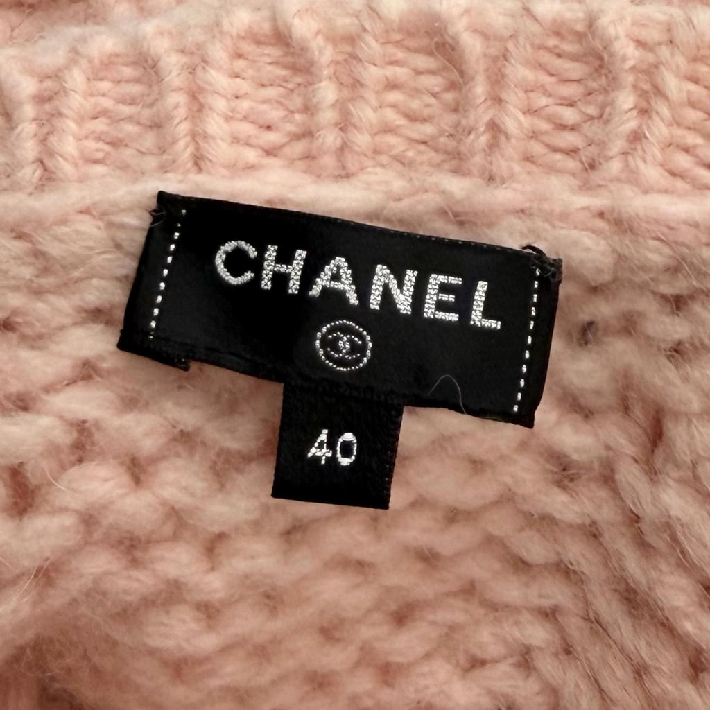 CHANEL 21B Wool Alpaca Blend Crochet Knit with Detachable Cape Rhinestone CC Logo Pink Size 40