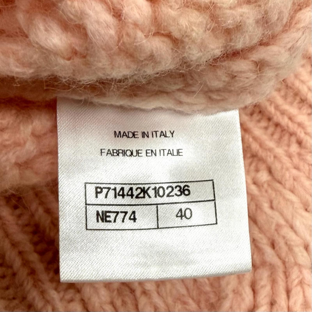 CHANEL 21B Wool Alpaca Blend Crochet Knit with Detachable Cape Rhinestone CC Logo Pink Size 40
