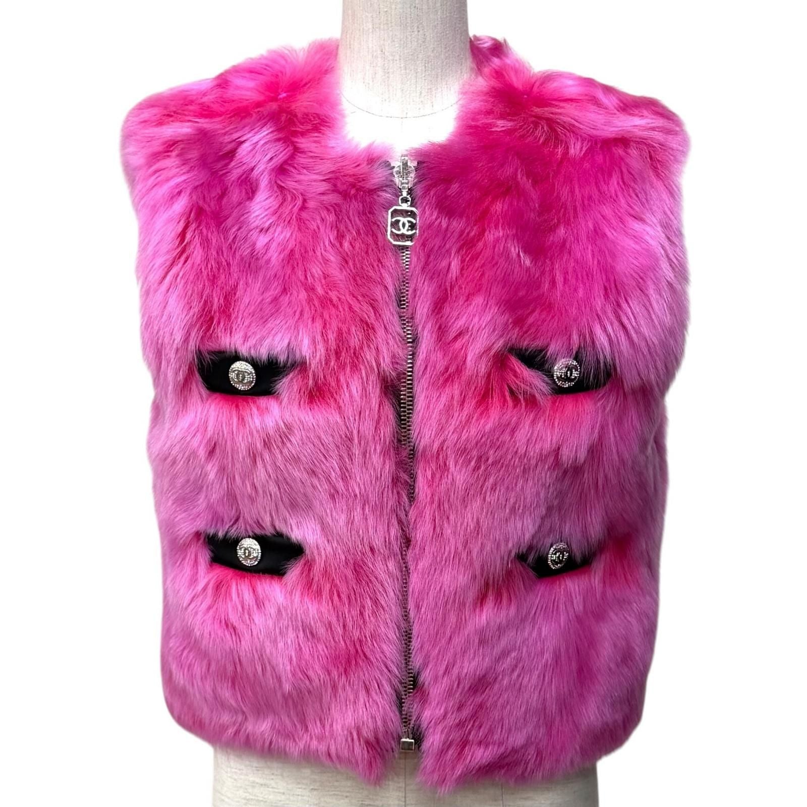 CHANEL Reversible Lamb Fur Zip-Up Vest CC Logo Button Pink Black Size 36