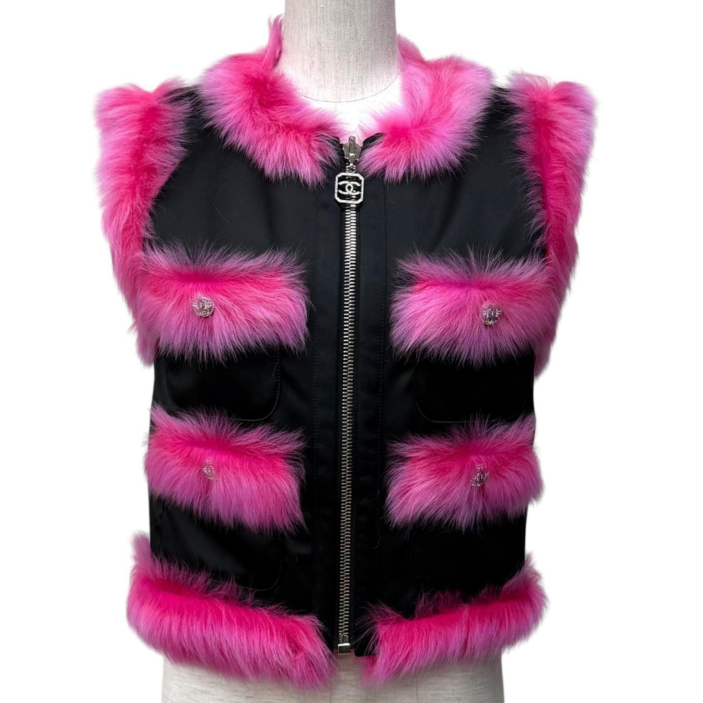 CHANEL Reversible Lamb Fur Zip-Up Vest CC Logo Button Pink Black Size 36