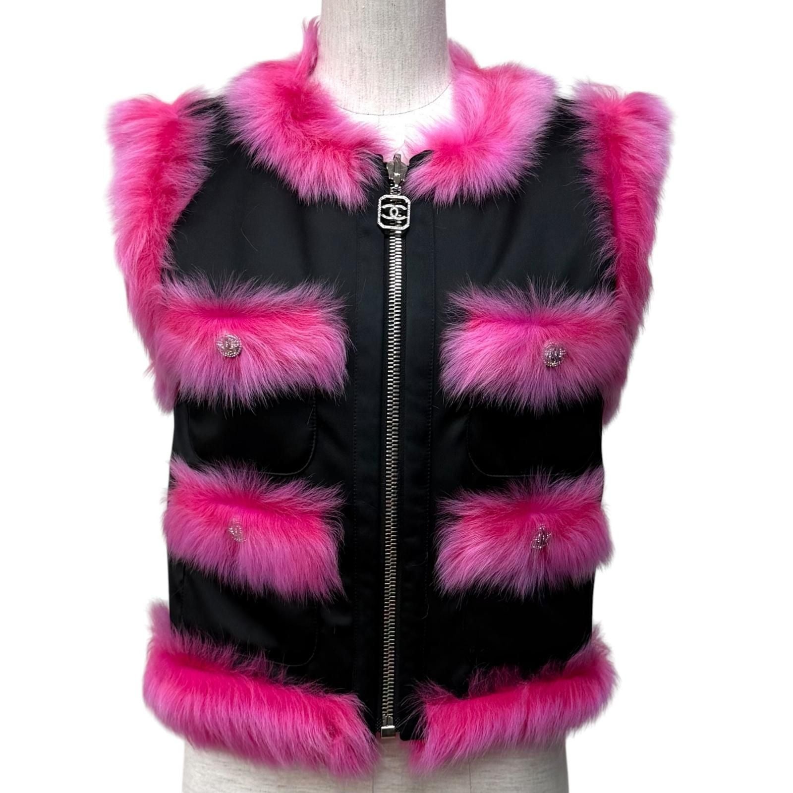 CHANEL Reversible Lamb Fur Zip-Up Vest CC Logo Button Pink Black Size 36