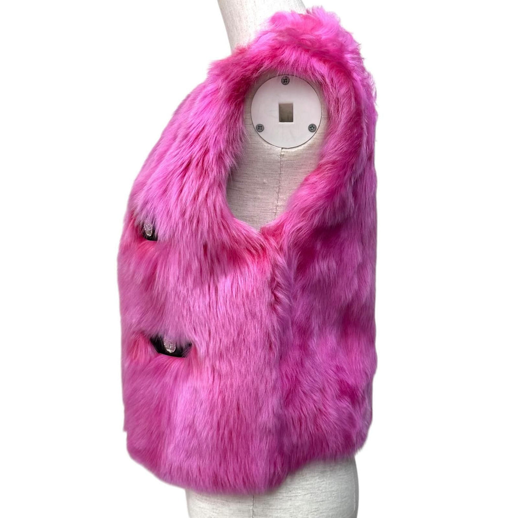 CHANEL Reversible Lamb Fur Zip-Up Vest CC Logo Button Pink Black Size 36