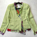 CHANEL Tweed No-Collar Jacket Green CC Logo