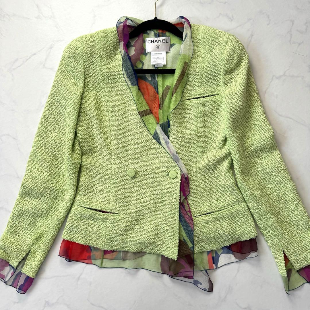 CHANEL Tweed No-Collar Jacket Green CC Logo