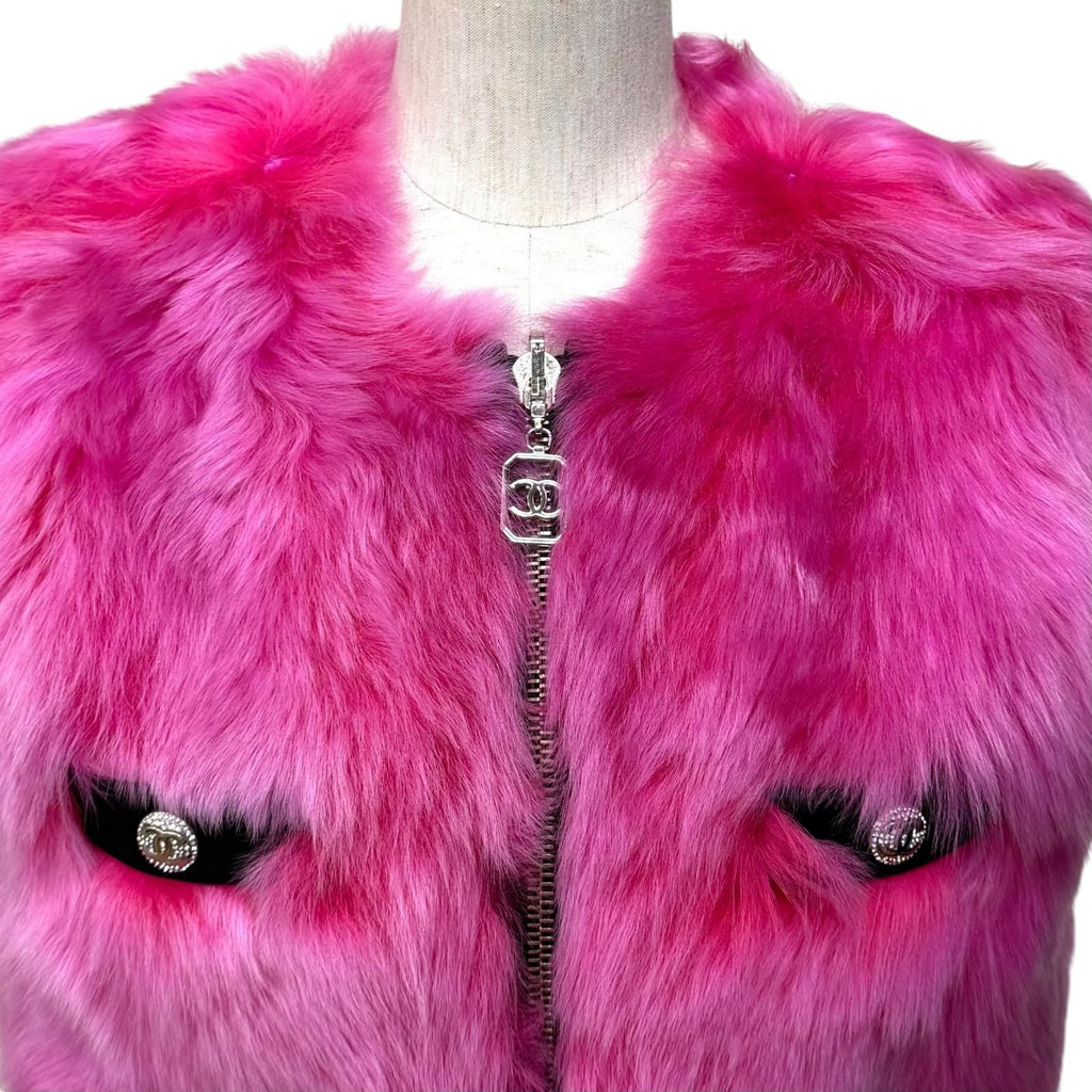 CHANEL Reversible Lamb Fur Zip-Up Vest CC Logo Button Pink Black Size 36