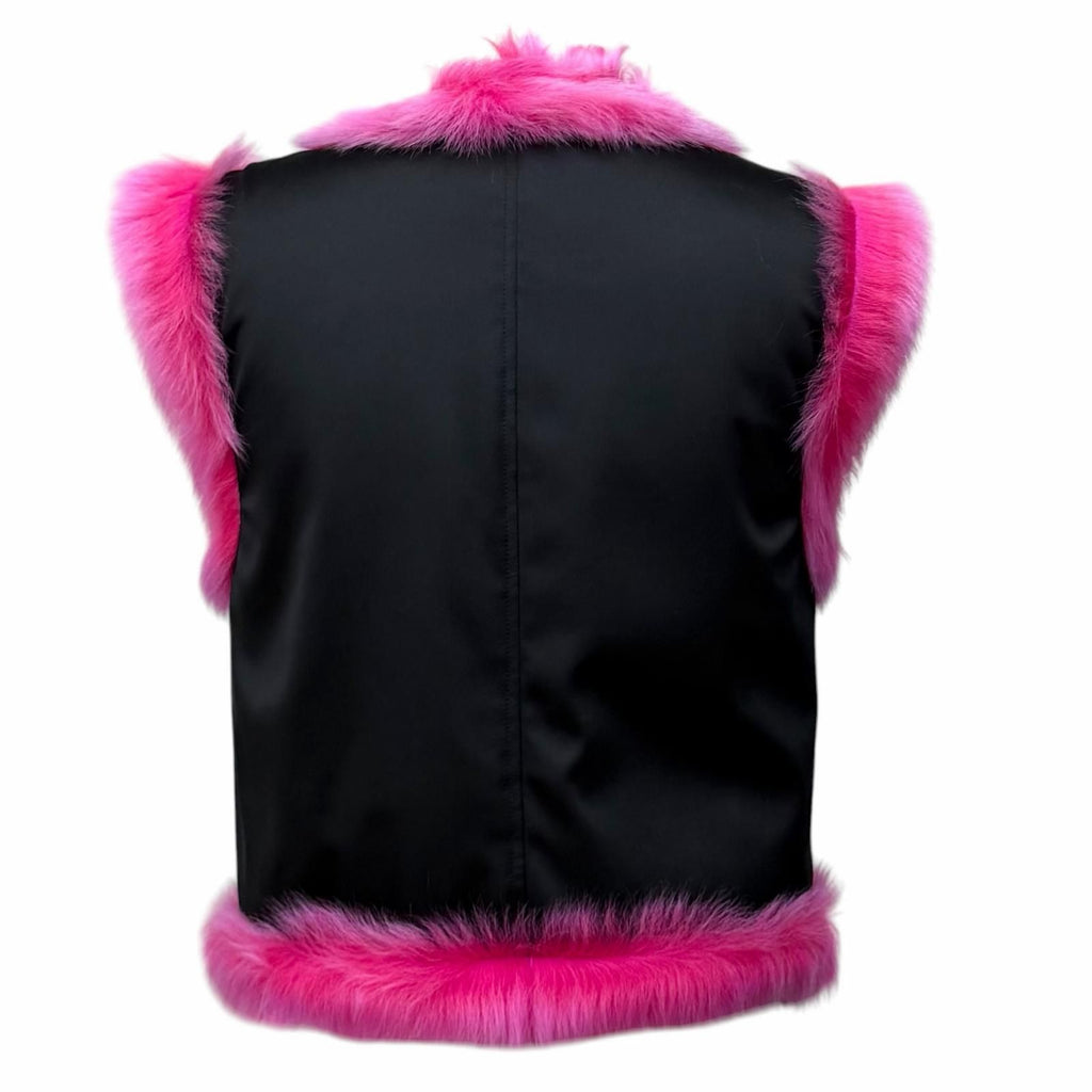 CHANEL Reversible Lamb Fur Zip-Up Vest CC Logo Button Pink Black Size 36