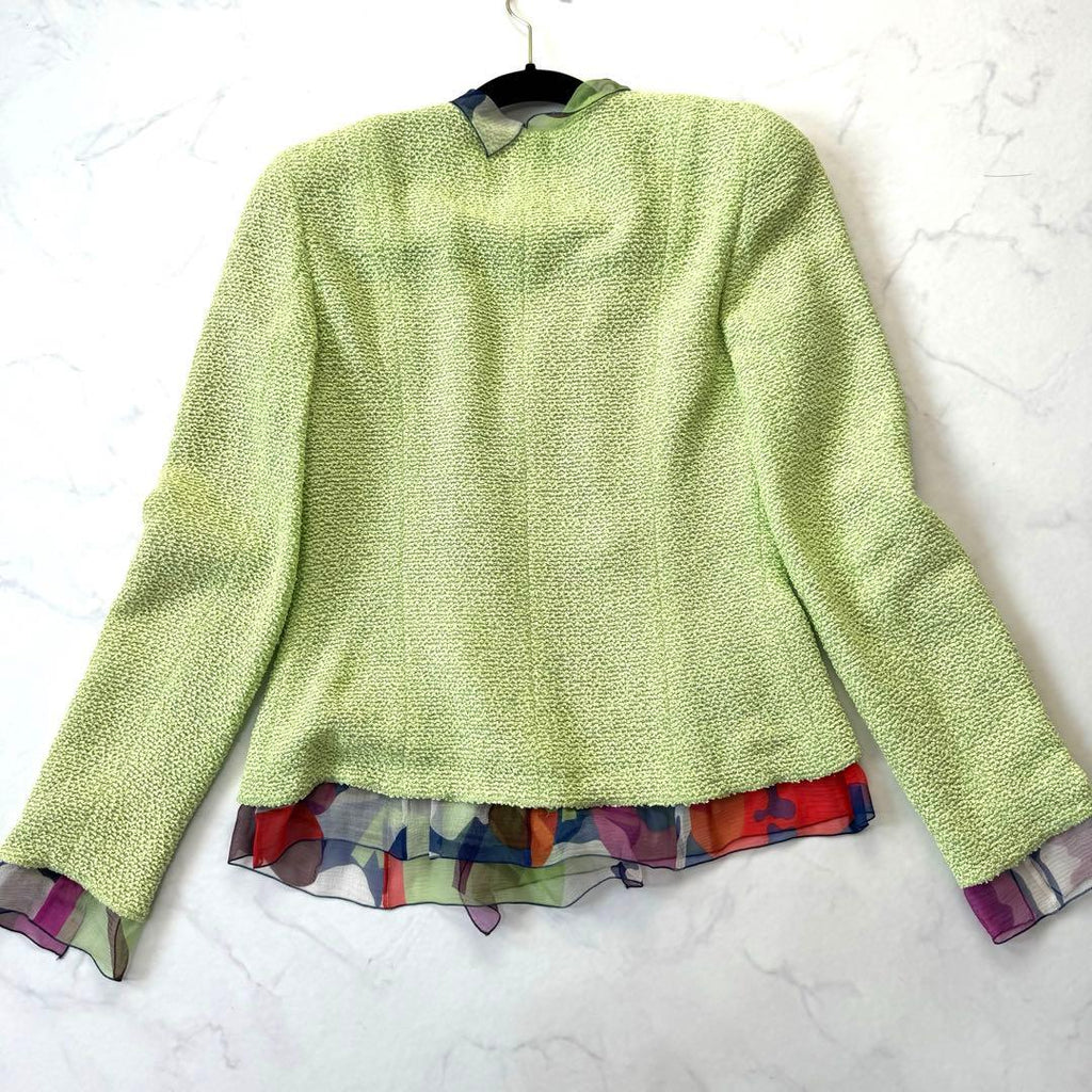 CHANEL Tweed No-Collar Jacket Green CC Logo