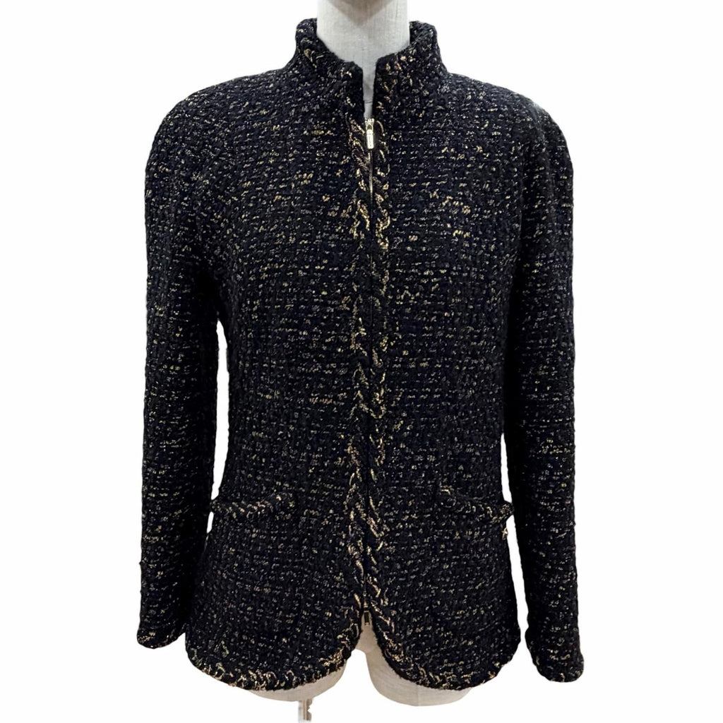 CHANEL Tweed Jacket Black Gold CC Logo Buttons Size 38