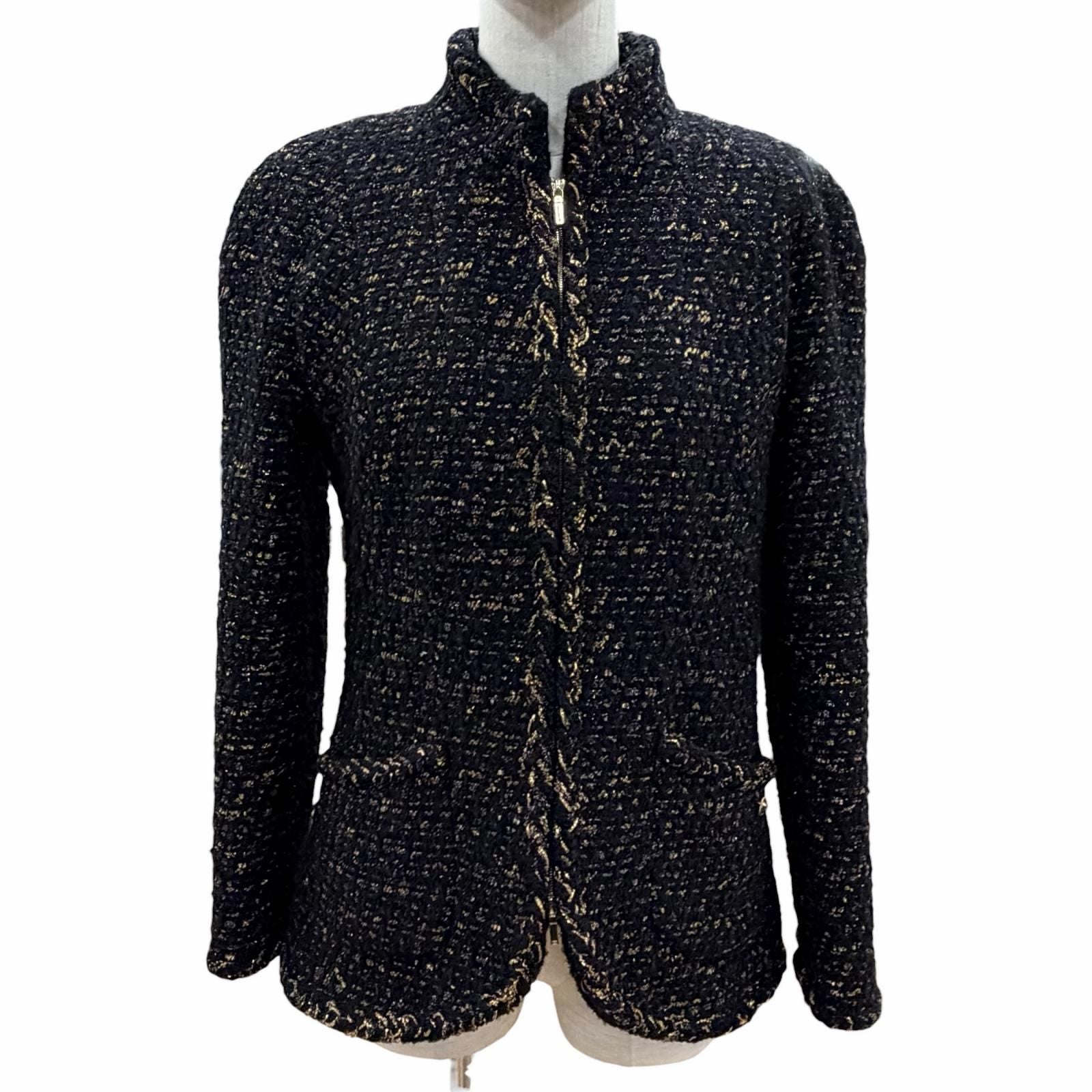 CHANEL Tweed Jacket Black Gold CC Logo Buttons Size 38