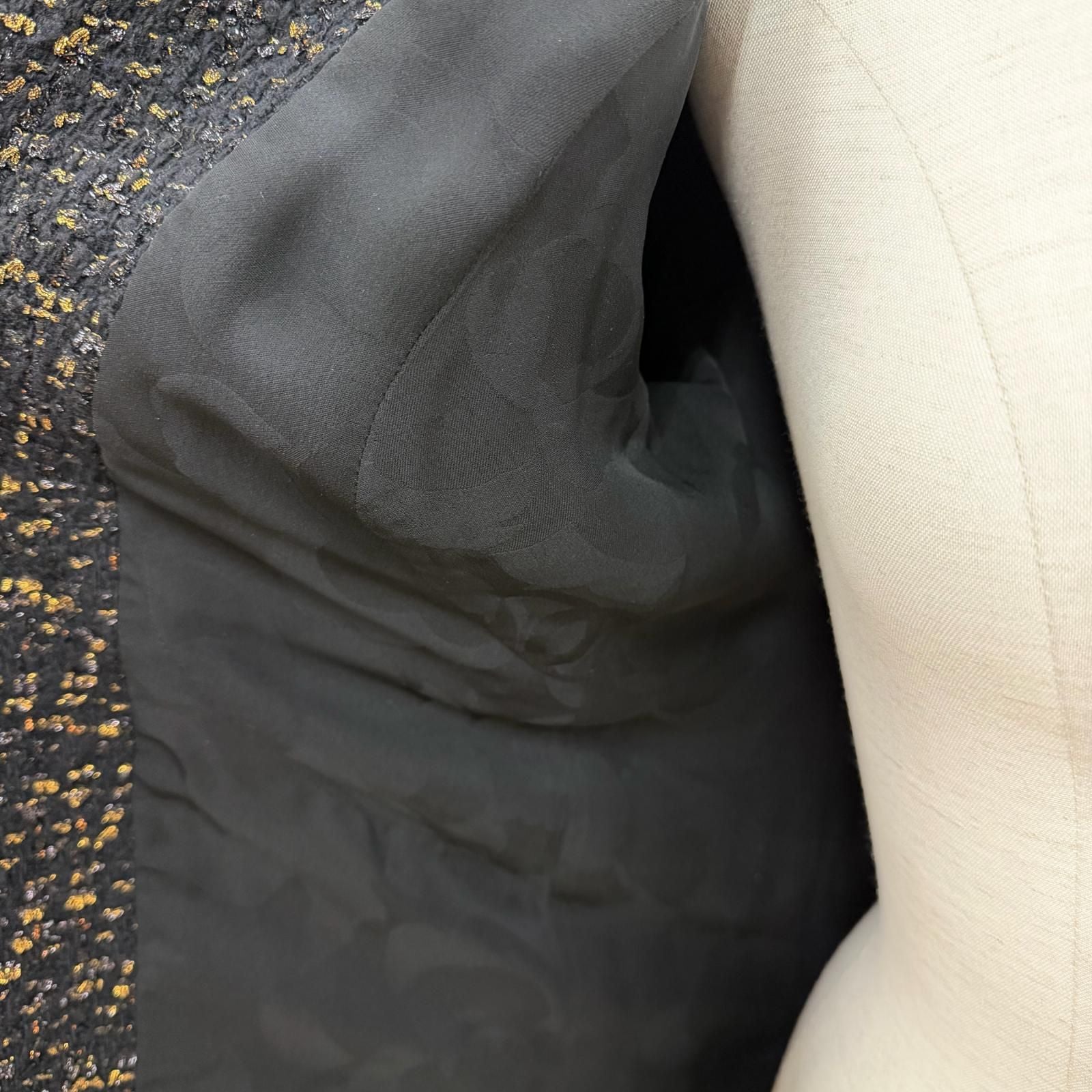 CHANEL Tweed Jacket Black Gold CC Logo Buttons Size 38