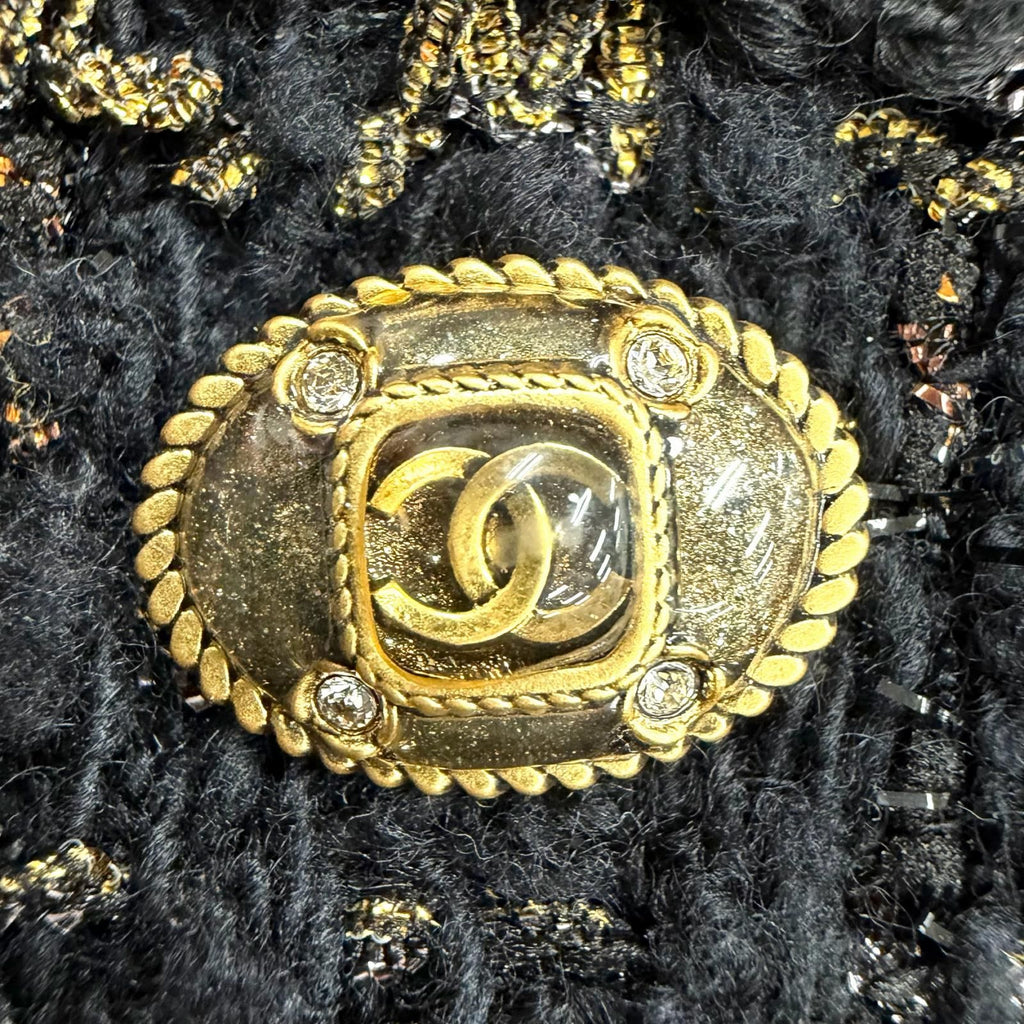 CHANEL Tweed Jacket Black Gold CC Logo Buttons Size 38