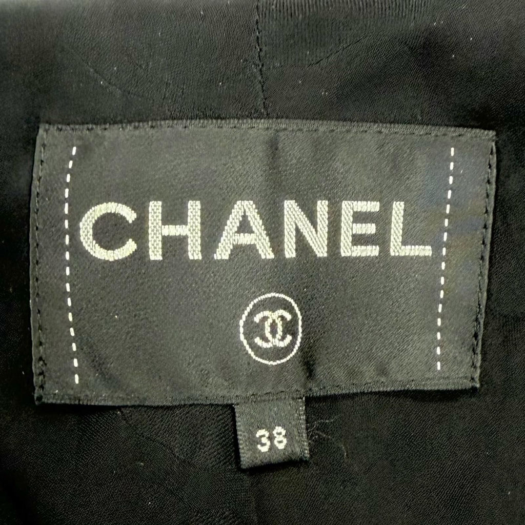 CHANEL Tweed Jacket Black Gold CC Logo Buttons Size 38