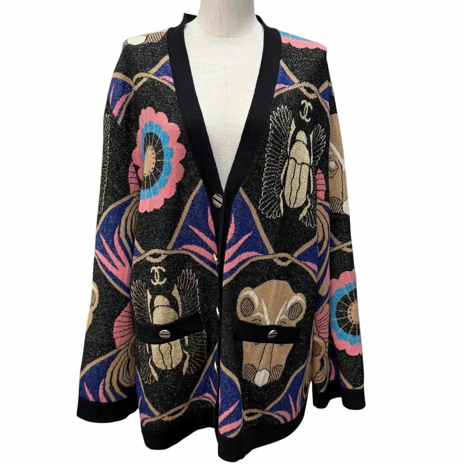 CHANEL Lurex All-Over Pattern V-Neck Cashmere Cardigan CC Logo Button Multi Size 42