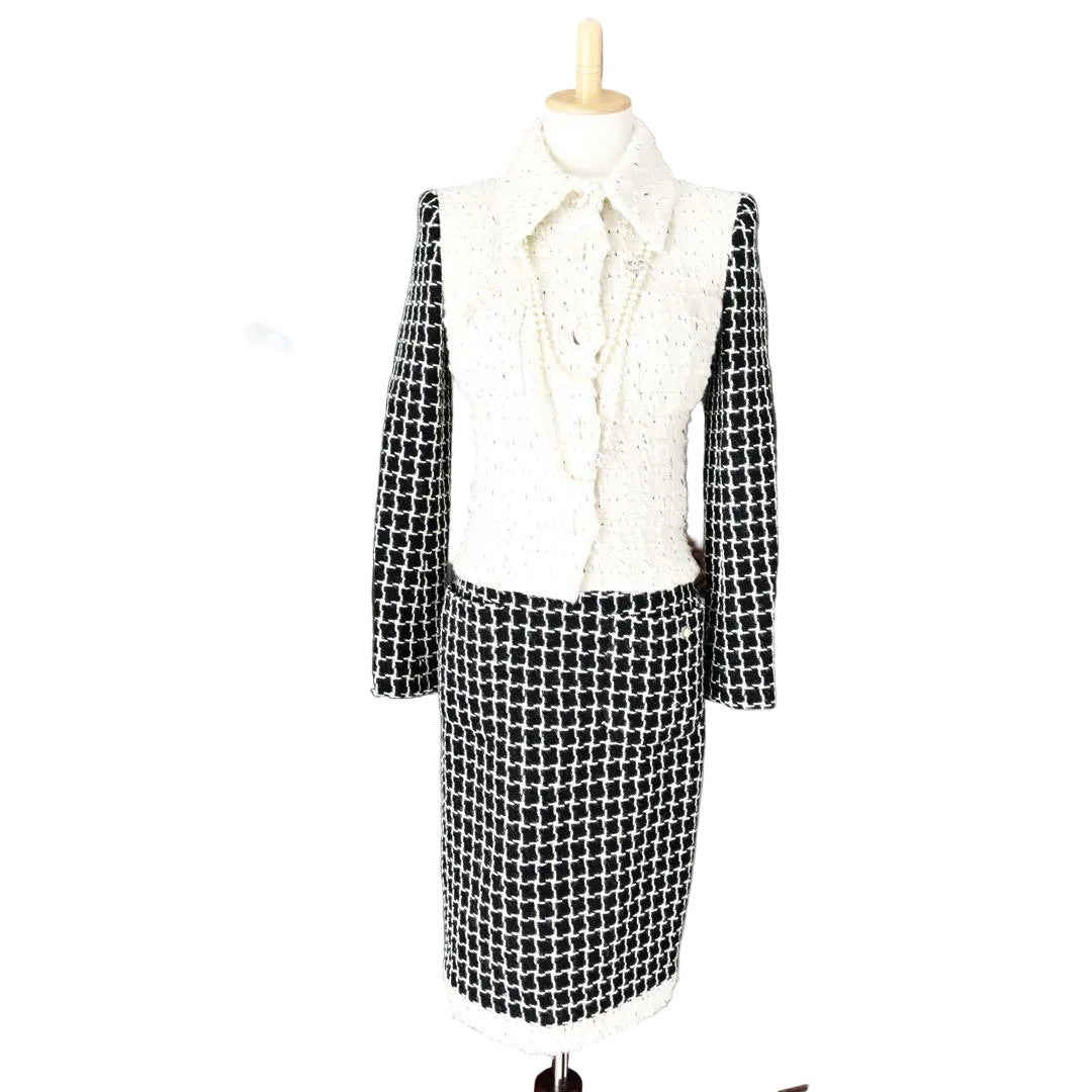CHANEL Tweed Lame Clear Check Button Suit Jacket & Skirt