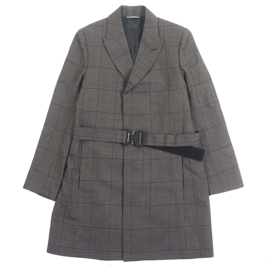 DIOR HOMME 100% Wool Houndstooth CD Buckle Belt Fly-Front Coat Brown Size 46