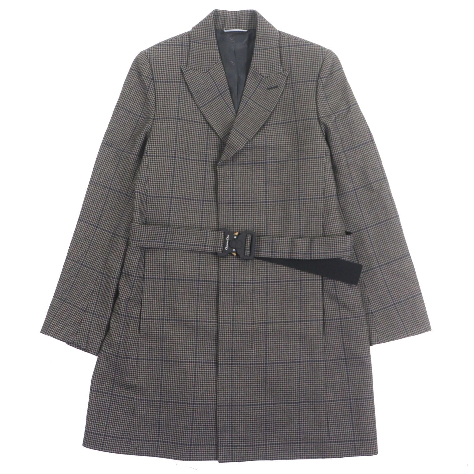 DIOR HOMME 100% Wool Houndstooth CD Buckle Belt Fly-Front Coat Brown Size 46