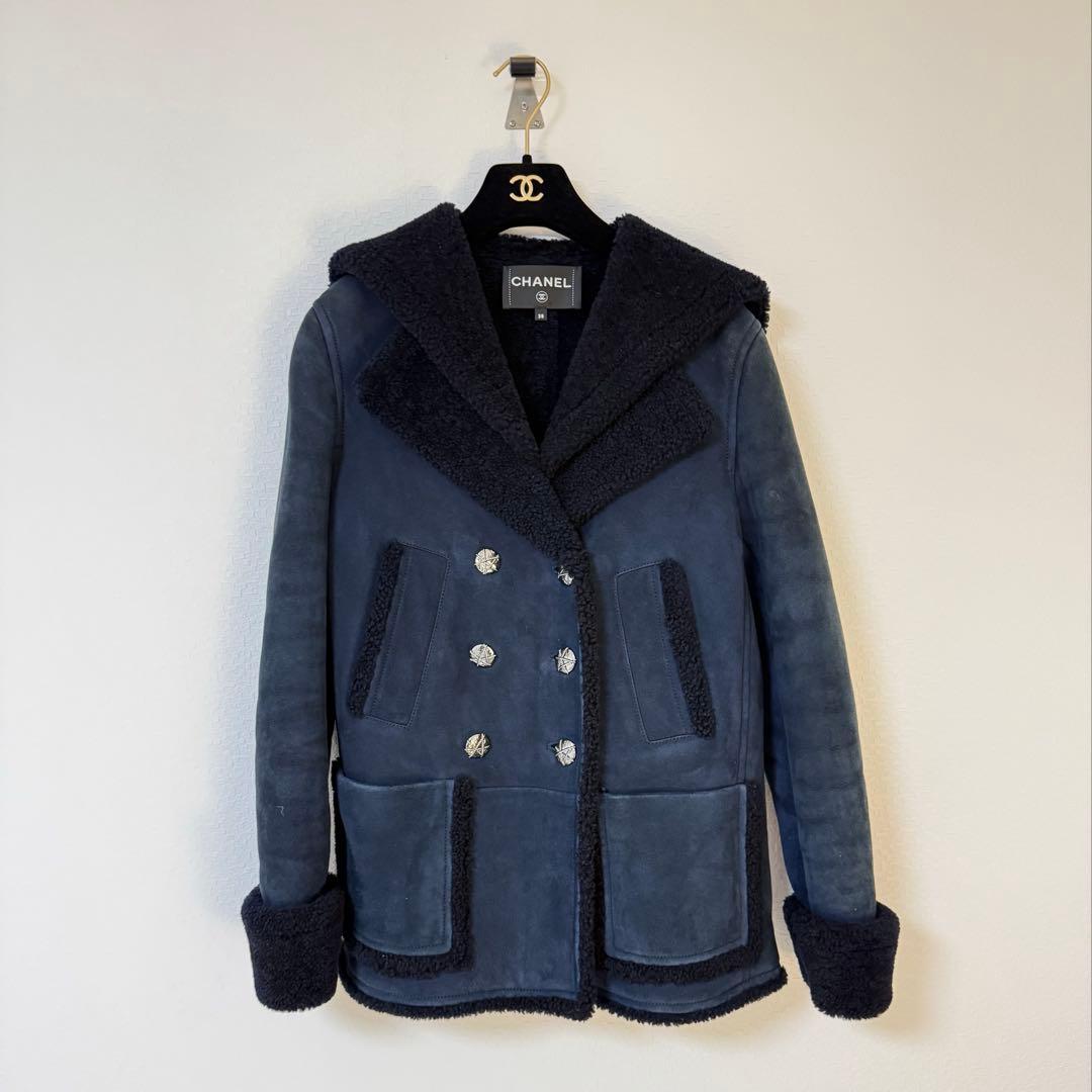 CHANEL Rare Mouton Jacket Coat Navy Size 38