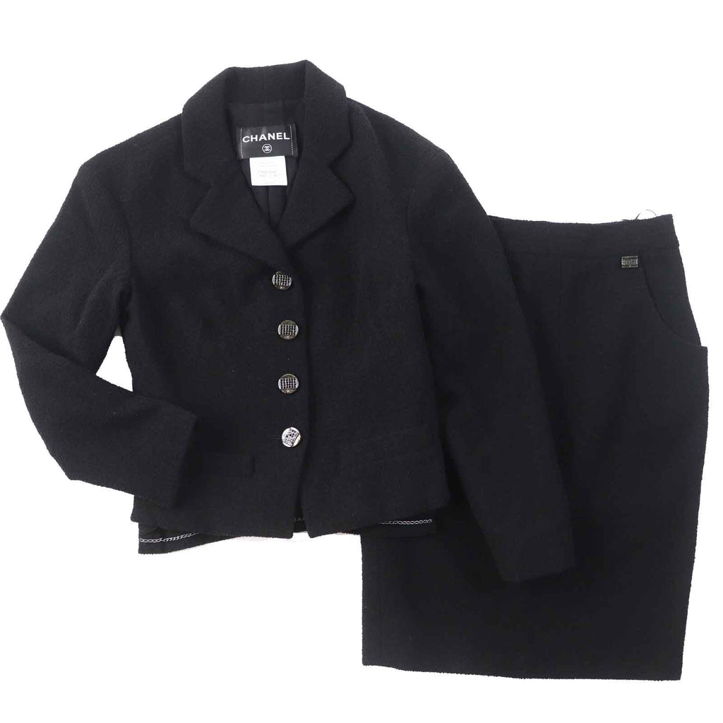 CHANEL Wool Nylon Tweed Jacket & Skirt Setup Rhinestone CC Button Plate Black Size 36/34