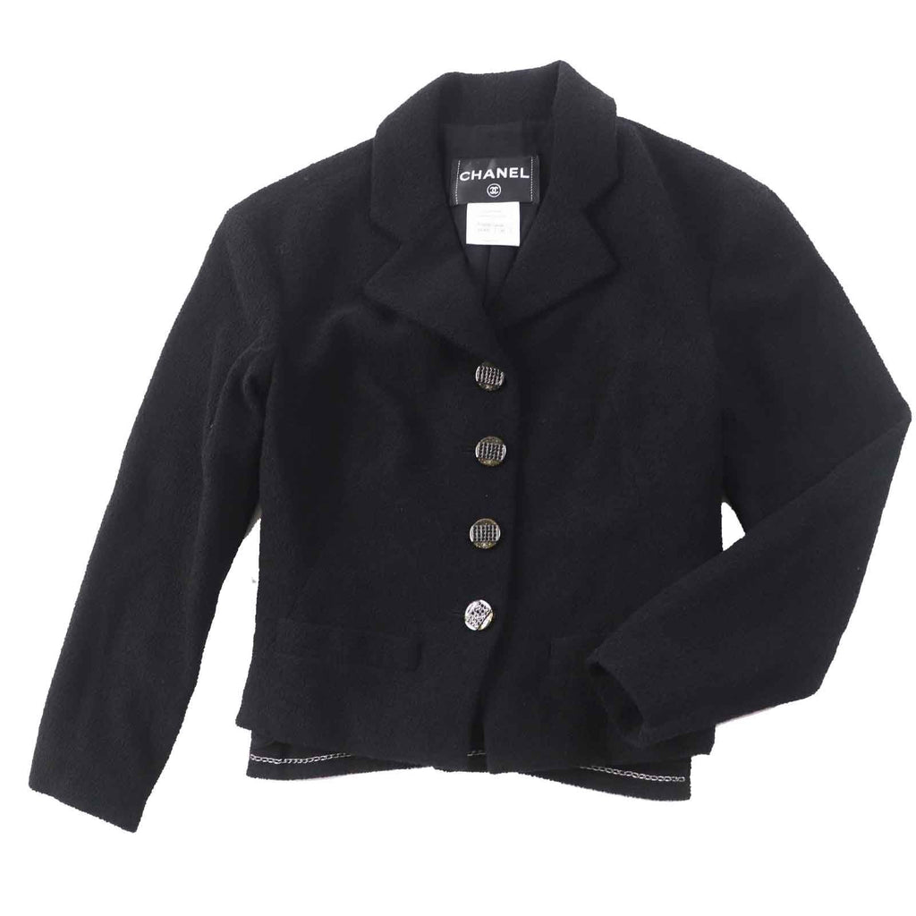 CHANEL Wool Nylon Tweed Jacket & Skirt Setup Rhinestone CC Button Plate Black Size 36/34