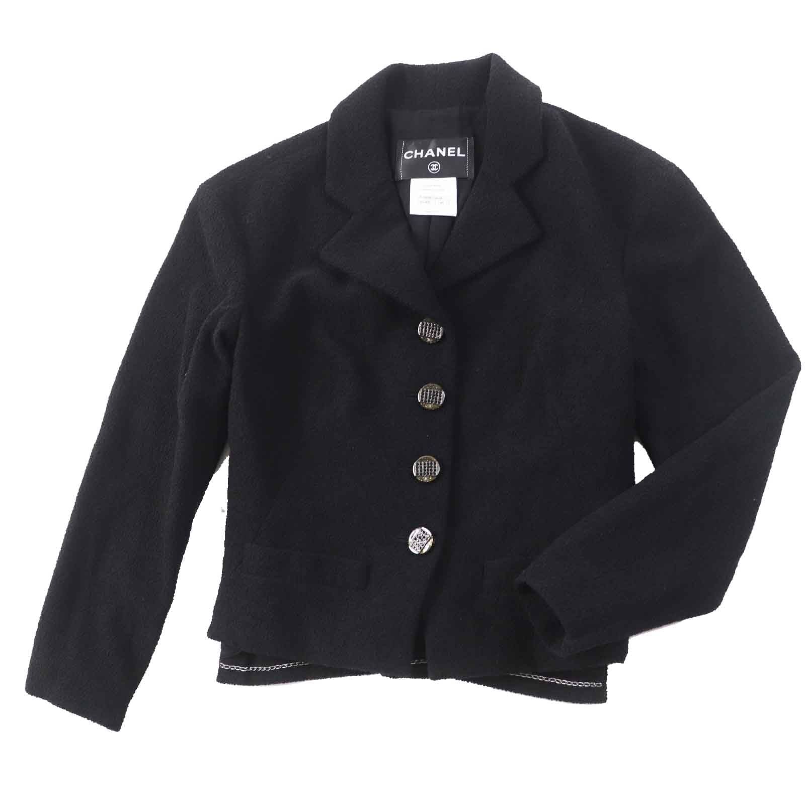 CHANEL Wool Nylon Tweed Jacket & Skirt Setup Rhinestone CC Button Plate Black Size 36/34
