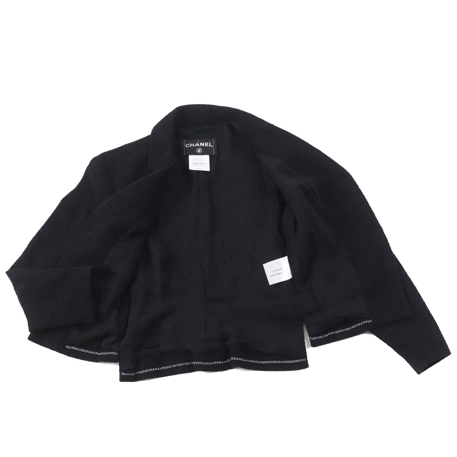 CHANEL Wool Nylon Tweed Jacket & Skirt Setup Rhinestone CC Button Plate Black Size 36/34