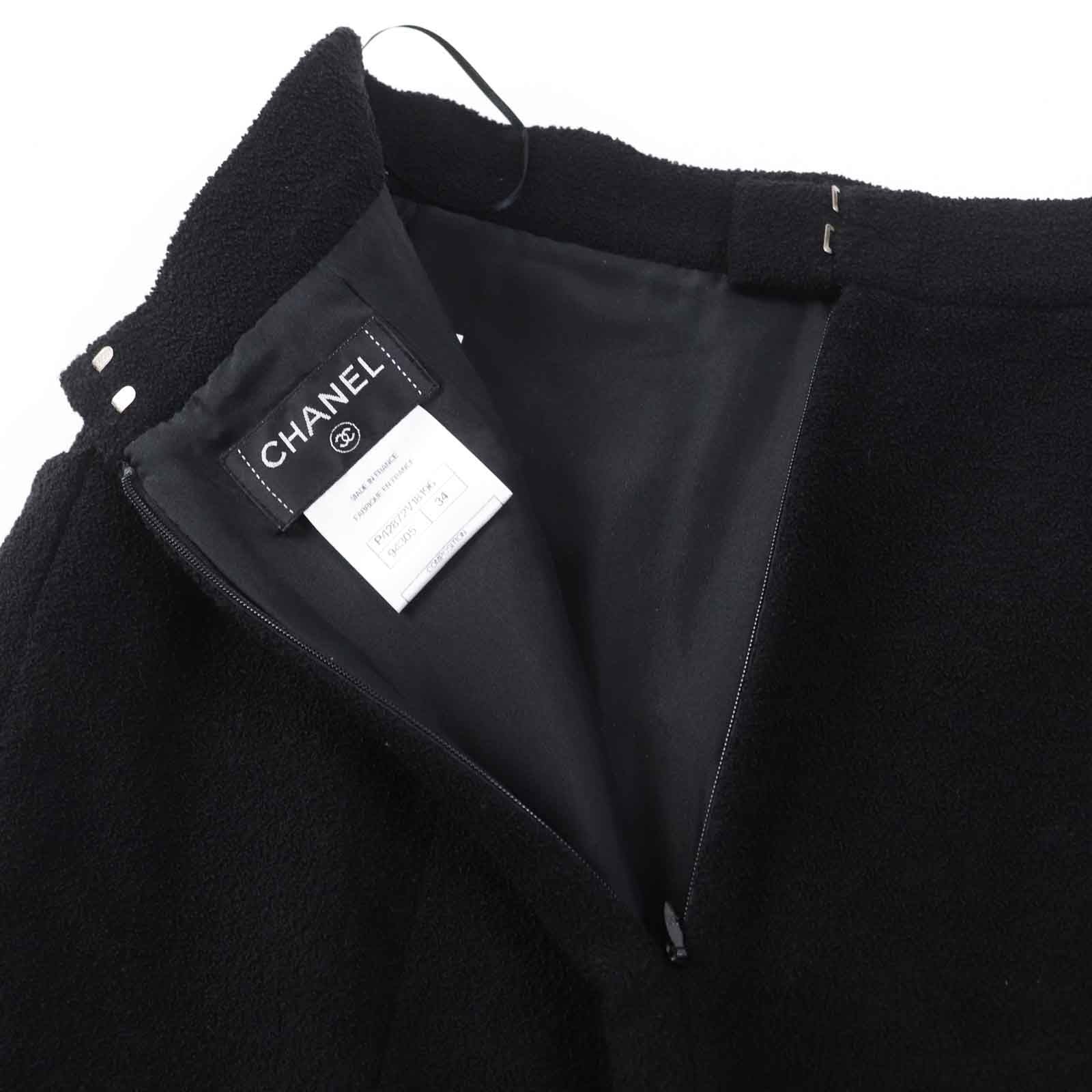 CHANEL Wool Nylon Tweed Jacket & Skirt Setup Rhinestone CC Button Plate Black Size 36/34