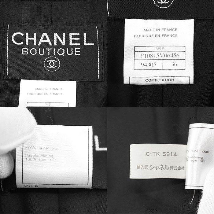 CHANEL BOUTIQUE 98P Vintage Wool Double-Breasted Peaked Lapel Tailored Jacket Black Size 36