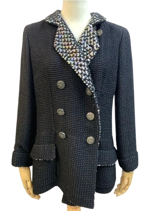 CHANEL Métiers d'Art Shanghai Collection Tweed Sequin Double-Breasted Jacket CC Buttons Size 42
