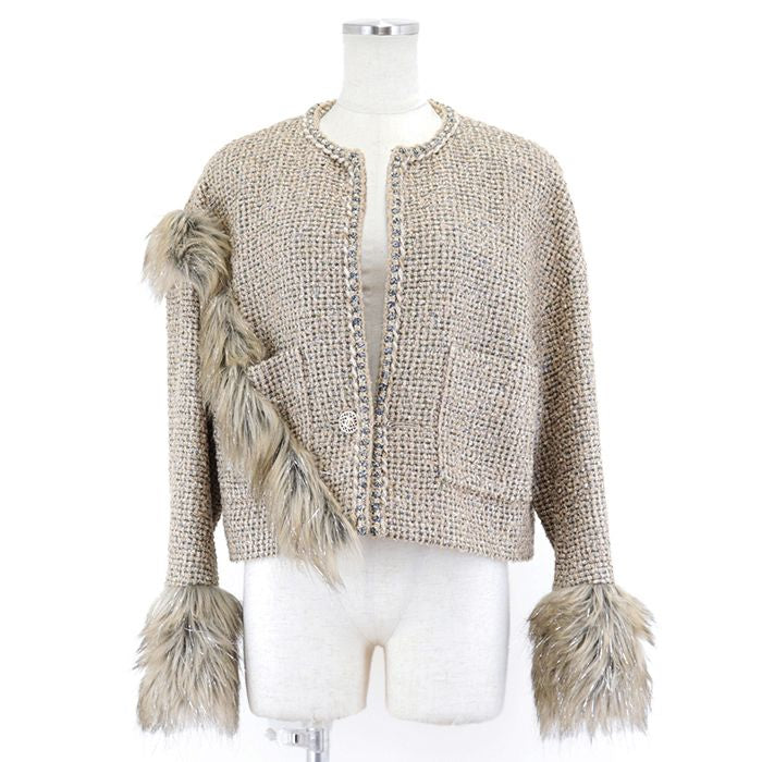 CHANEL Faux Fur Glitter Tweed No-Collar Jacket CC Buttons Runway Piece Size 36