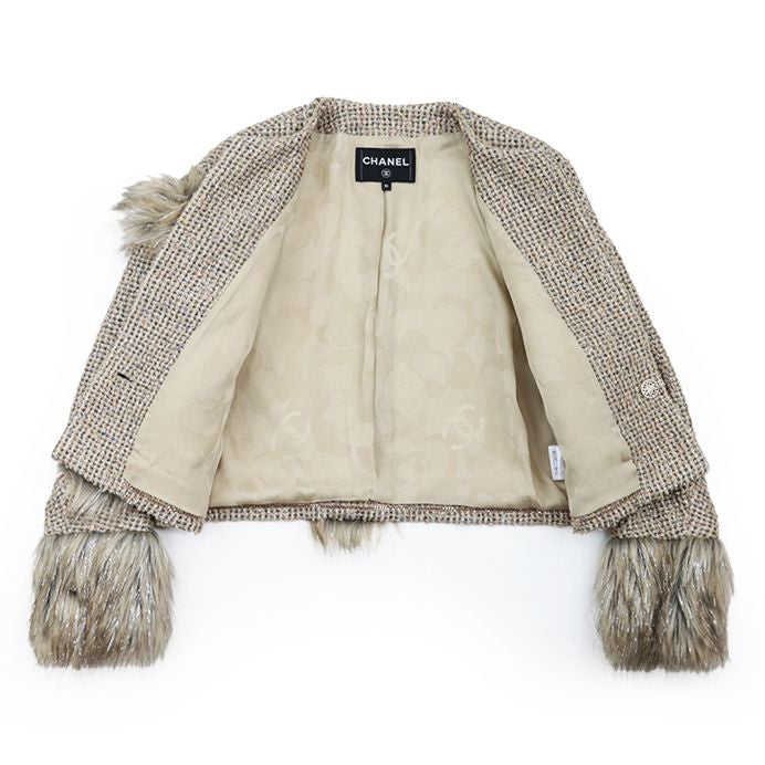 CHANEL Faux Fur Glitter Tweed No-Collar Jacket CC Buttons Runway Piece Size 36