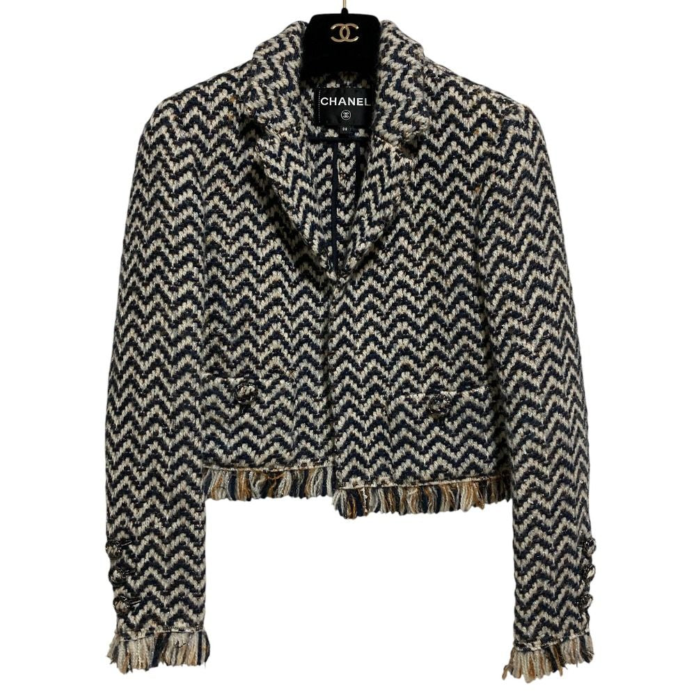 CHANEL Chevron Fringe Cropped Tweed Jacket P62391 Size 38