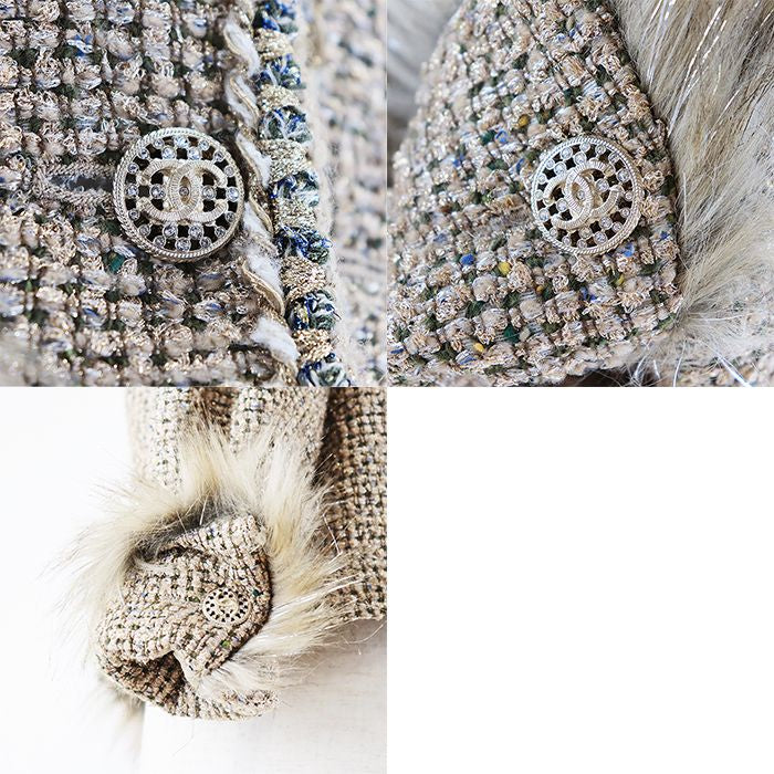 CHANEL Faux Fur Glitter Tweed No-Collar Jacket CC Buttons Runway Piece Size 36