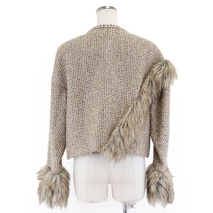 CHANEL Faux Fur Glitter Tweed No-Collar Jacket CC Buttons Runway Piece Size 36