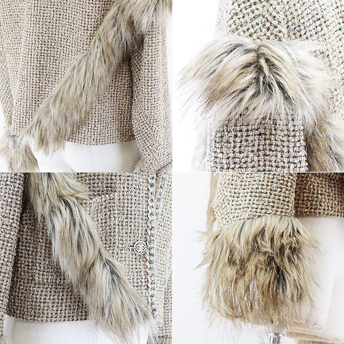 CHANEL Faux Fur Glitter Tweed No-Collar Jacket CC Buttons Runway Piece Size 36