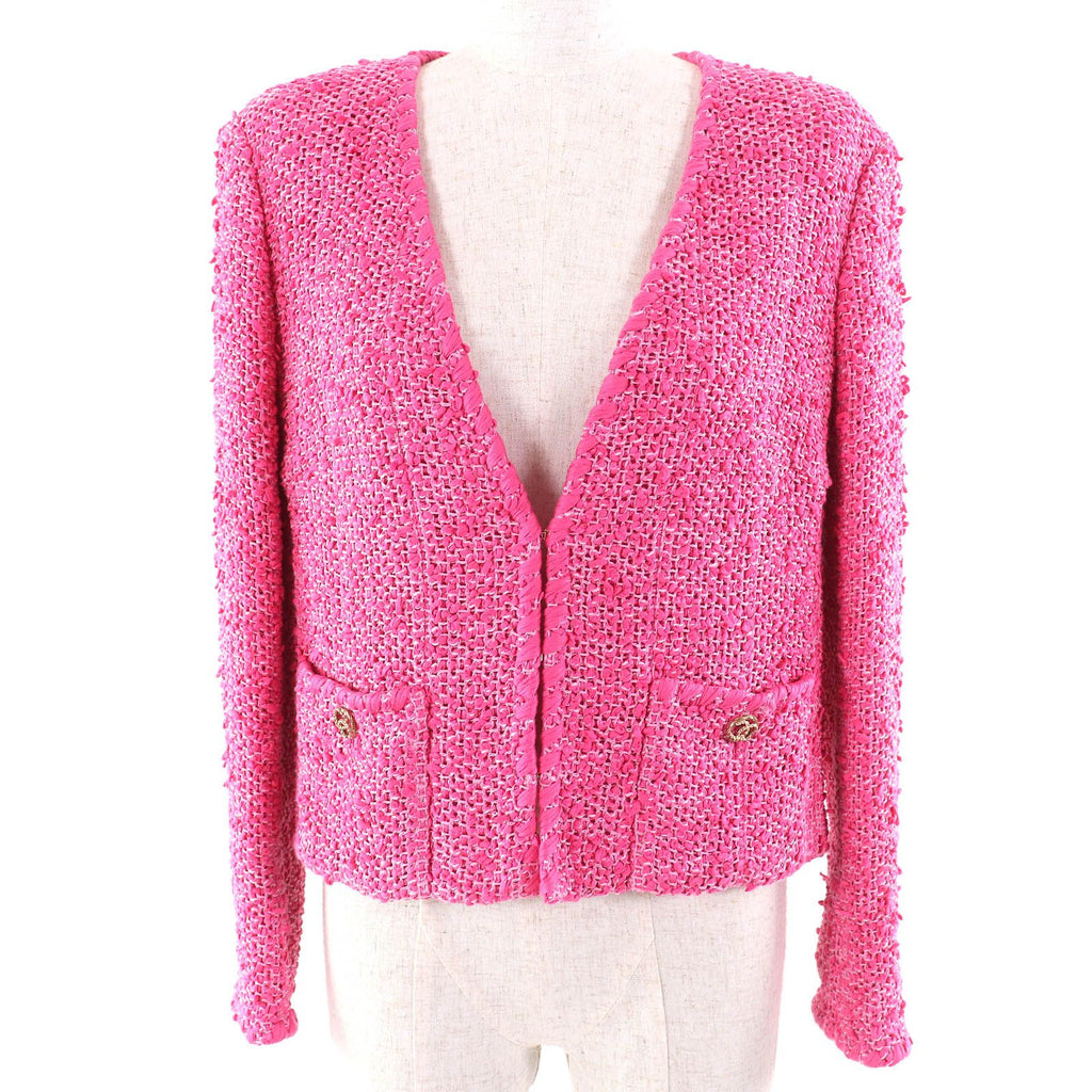 CHANEL Cotton Tweed No-Collar Jacket Gold CC Buttons Pink Size 36 Made in France