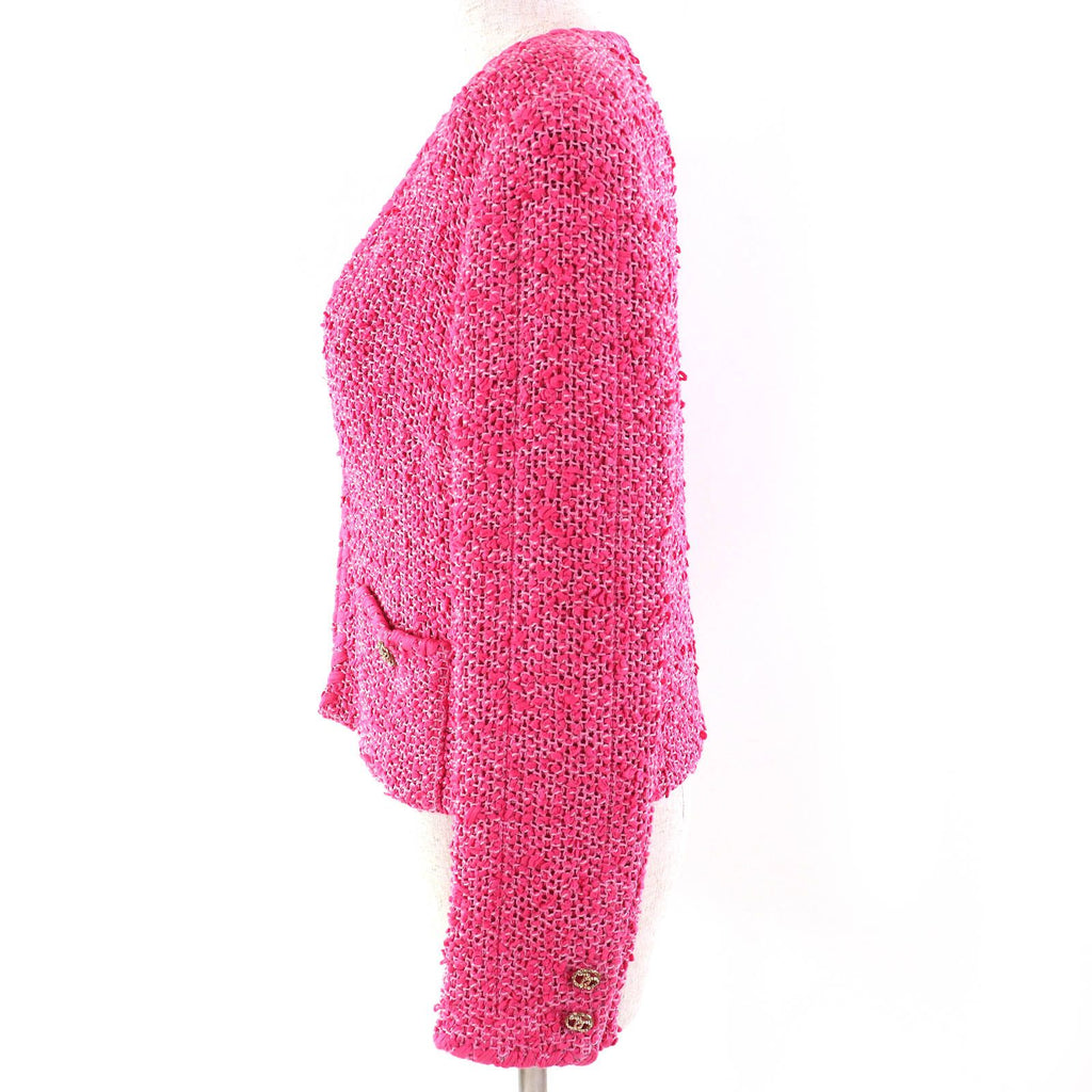 CHANEL Cotton Tweed No-Collar Jacket Gold CC Buttons Pink Size 36 Made in France