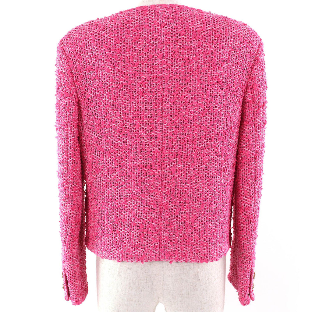 CHANEL Cotton Tweed No-Collar Jacket Gold CC Buttons Pink Size 36 Made in France