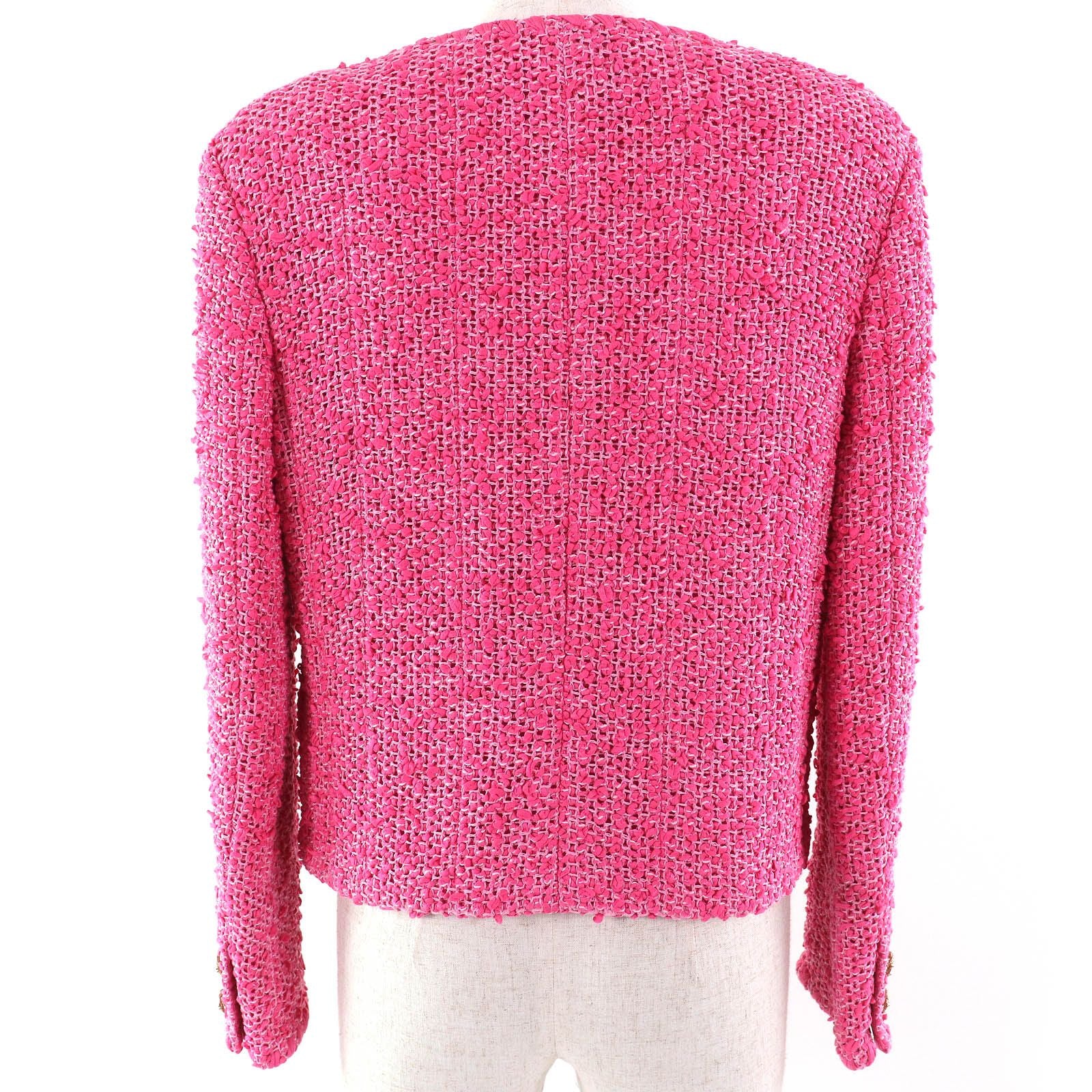 CHANEL Cotton Tweed No-Collar Jacket Gold CC Buttons Pink Size 36 Made in France