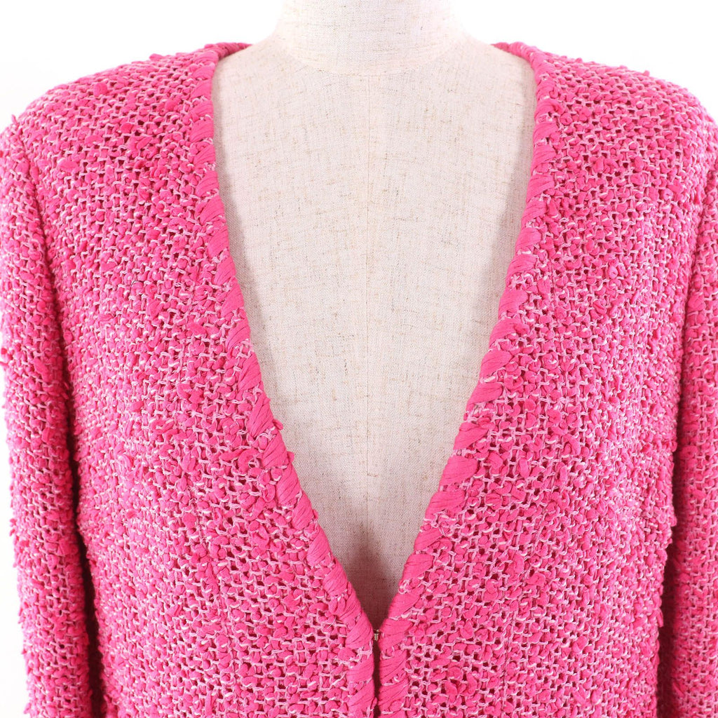 CHANEL Cotton Tweed No-Collar Jacket Gold CC Buttons Pink Size 36 Made in France