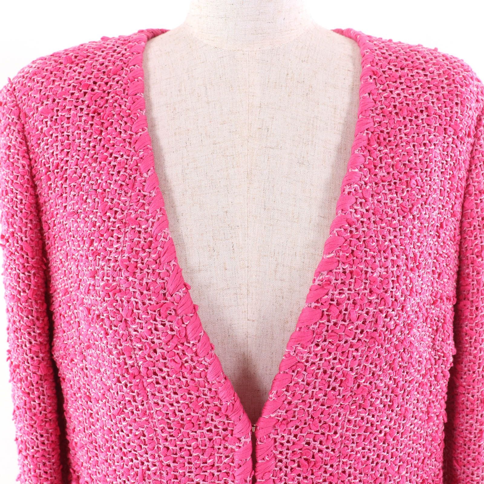 CHANEL Cotton Tweed No-Collar Jacket Gold CC Buttons Pink Size 36 Made in France