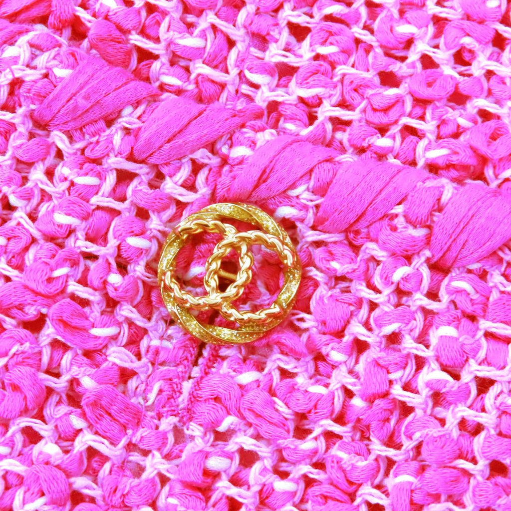 CHANEL Cotton Tweed No-Collar Jacket Gold CC Buttons Pink Size 36 Made in France