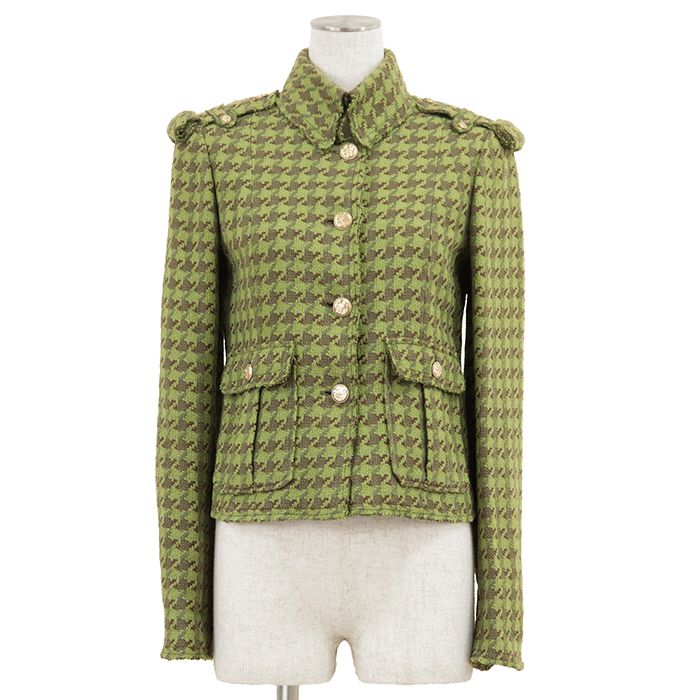 CHANEL 2008 Houndstooth Tweed Cropped Jacket Epaulettes Scissors CC Logo Size 36