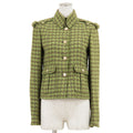 CHANEL 2008 Houndstooth Tweed Cropped Jacket Epaulettes Scissors CC Logo Size 36