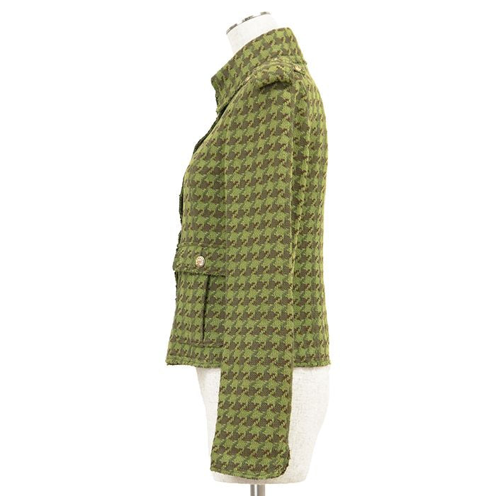 CHANEL 2008 Houndstooth Tweed Cropped Jacket Epaulettes Scissors CC Logo Size 36