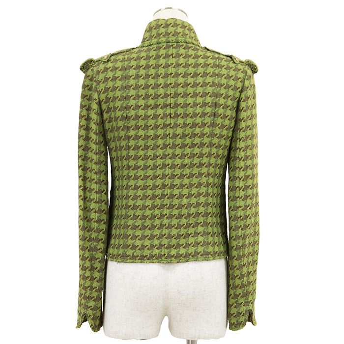CHANEL 2008 Houndstooth Tweed Cropped Jacket Epaulettes Scissors CC Logo Size 36